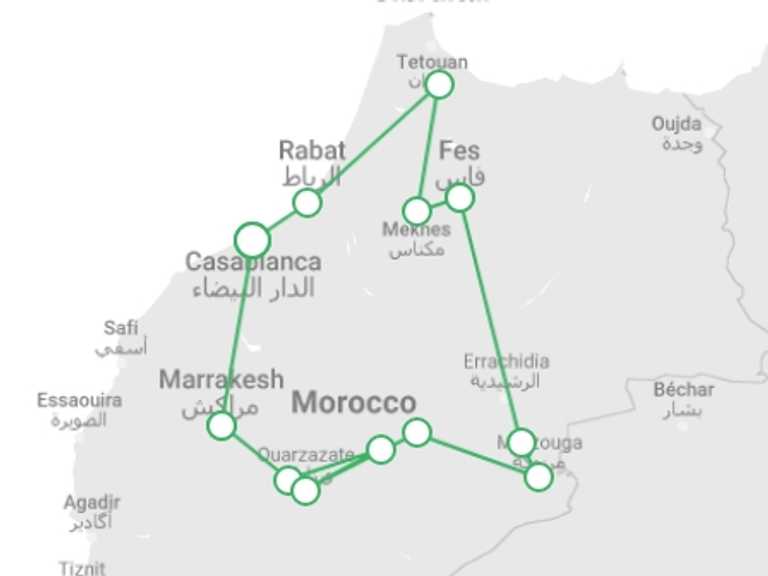 Map of Mediterranean City sightseeing Tour with 11 destination visits for the trip: Royal Morocco – A Luxurious Expedition
