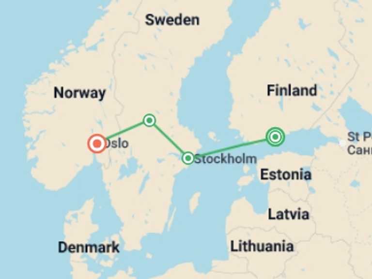 Map of Finland and Norway Tour with 4 destination visits for the trip: Classic Scandinavia