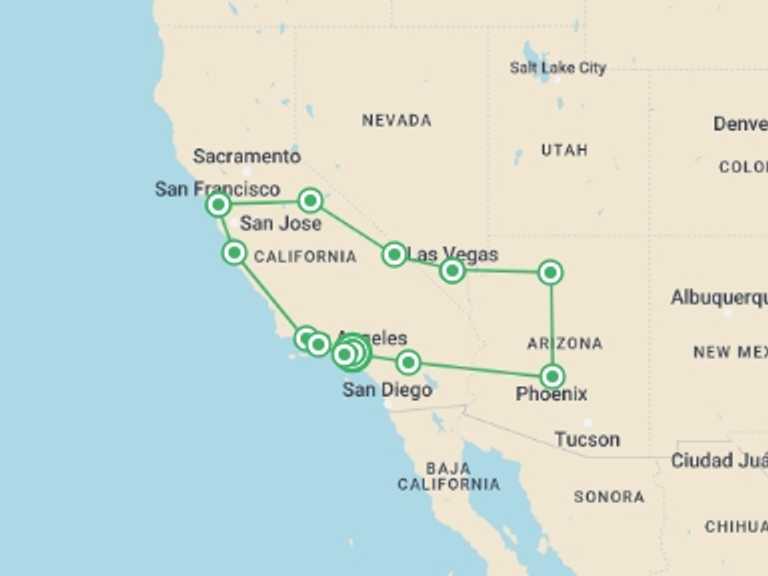 Map itinerary of Los Angeles Tour in September 2025 with 11 destination visits for the trip: Best of the American West