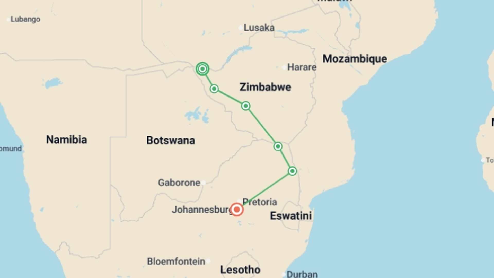 A map showing the tour itinerary for the trip: Essential African Safari, starting in Victoria Falls, Zimbabwe and ending in Johannesburg, South Africa going through 4 other destinations.