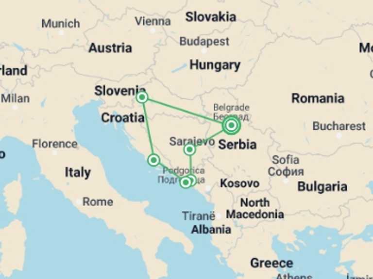 Map of a Museum and gallery visits Tour with 9 destination visits for the trip: Balkan Revealed: 4 countries in 10 days
