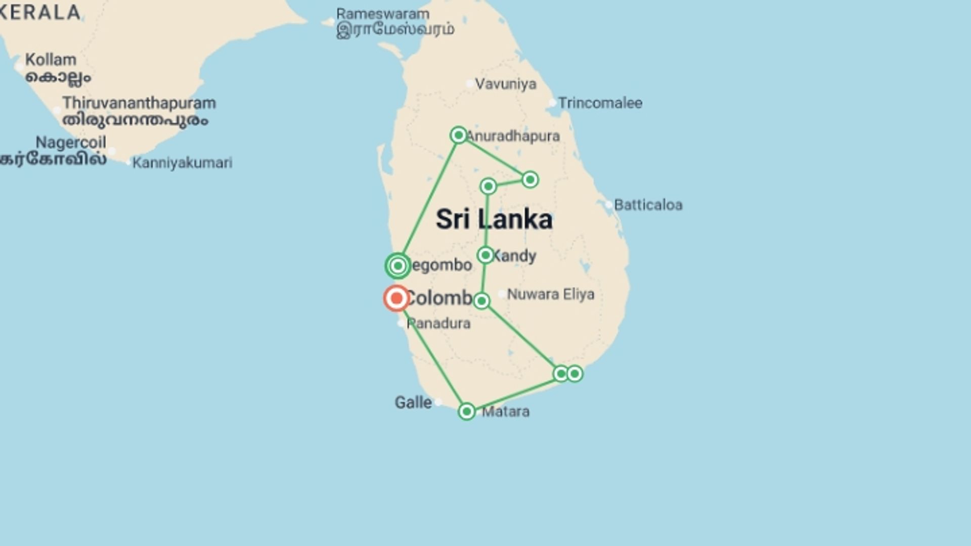 A map showing the tour itinerary for the trip: Cycle Sri Lanka, starting in Negombo, Sri Lanka and ending in Colombo, Sri Lanka going through 8 other destinations.
