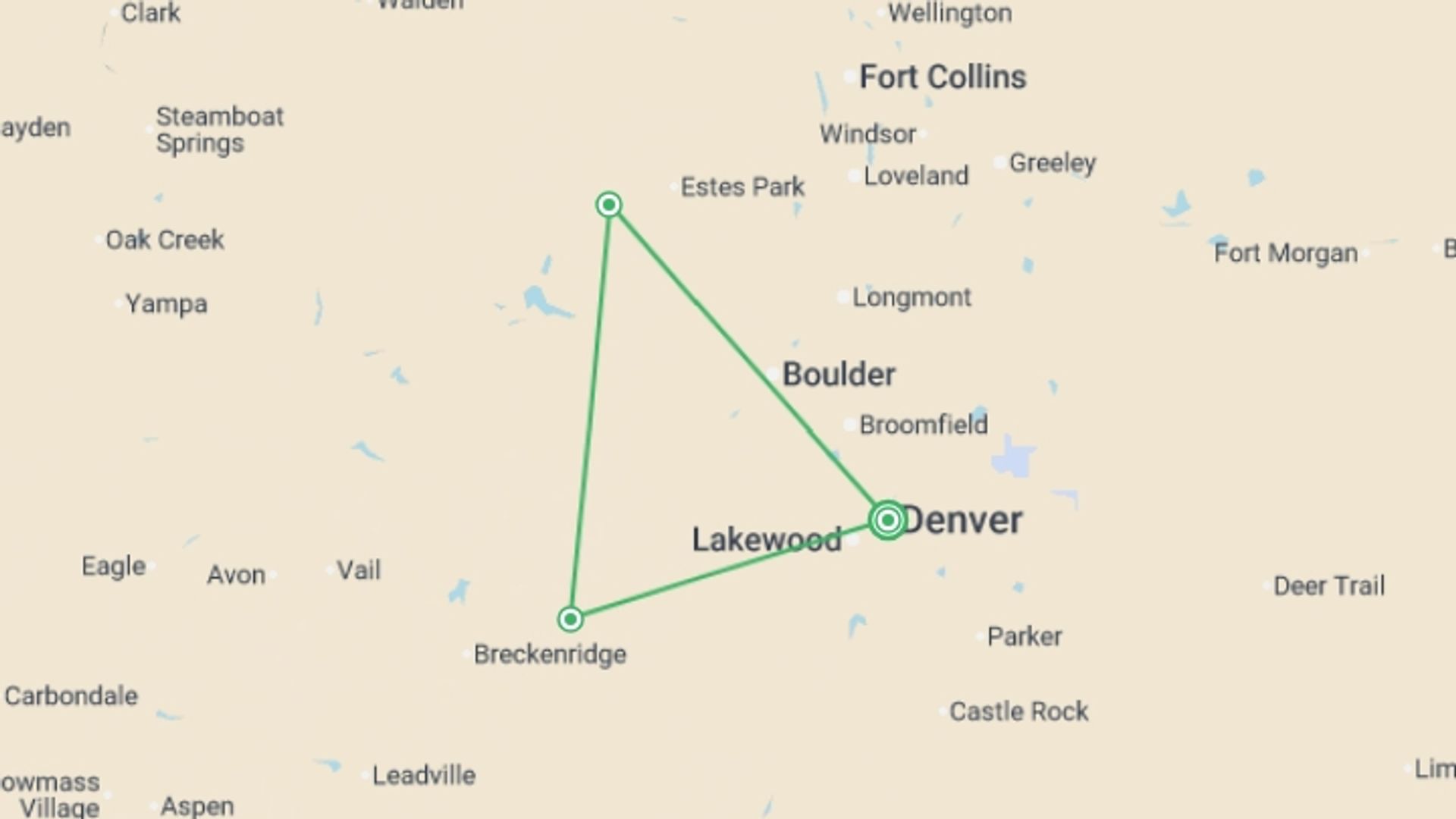 A map showing the tour itinerary for the trip: Best of Denver & Colorado - 3 days, starting in Denver, USA and ending in Denver, USA going through 2 other destinations.