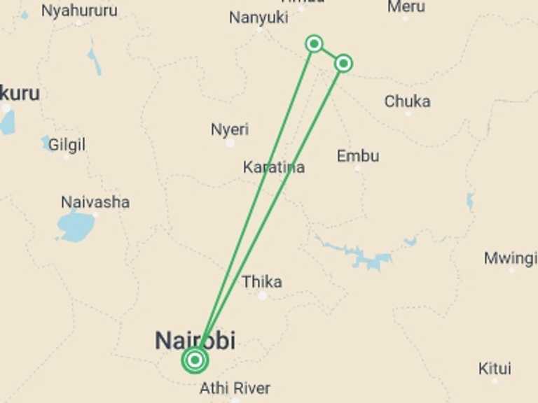 Map itinerary of Kenya Tour in Winter with 4 destination visits for the trip: Mount Kenya Trek - Chogoria & Sirimon route  combo 5 days