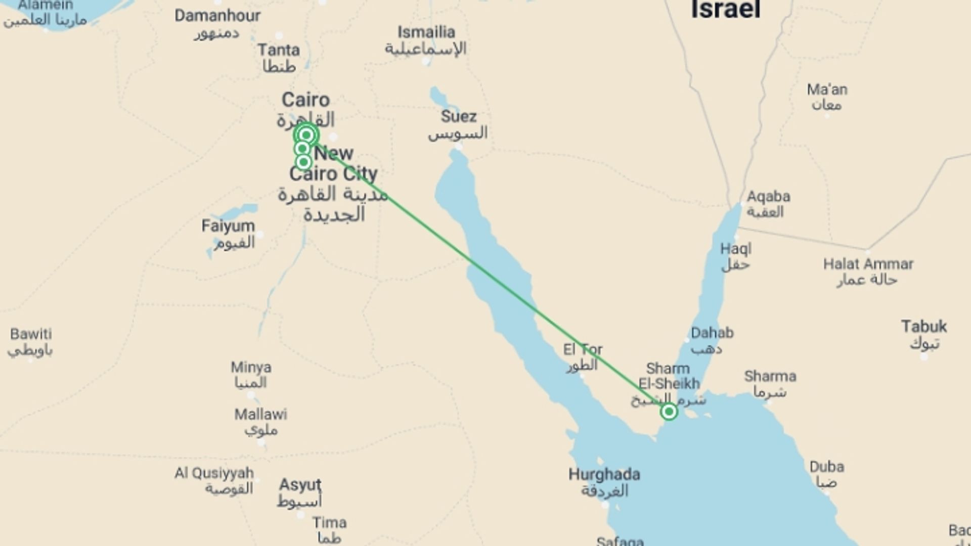 A map showing the tour itinerary for the trip: Luxury Cairo & Sharm El Sheikh Holiday, starting in Cairo, Egypt and ending in Cairo, Egypt going through 2 other destinations.