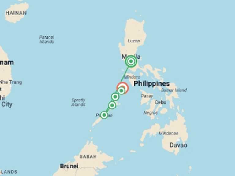Map of a Active and outdoor Tour with 6 destination visits for the trip: Philippines West