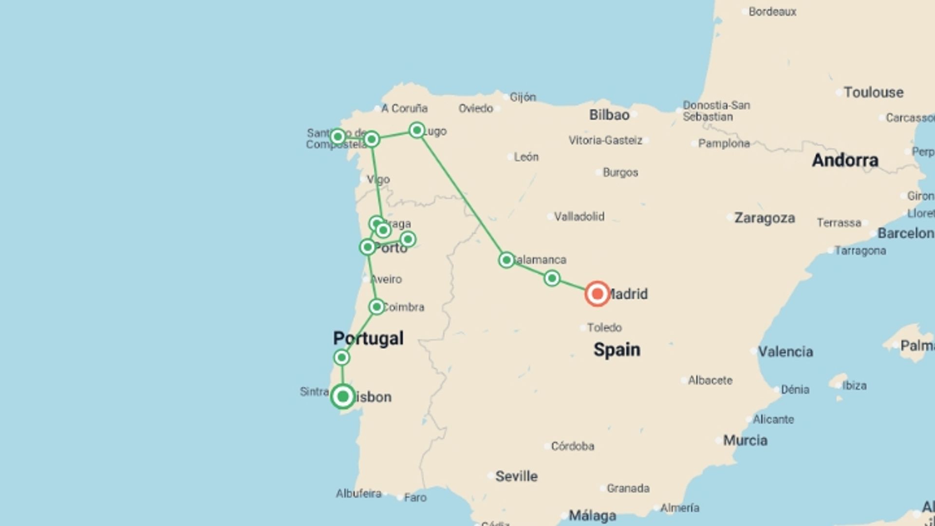 A map showing the tour itinerary for the trip: Lisbon to Madrid - 6 days, starting in Lisbon, Portugal and ending in Madrid, Spain going through 3 other destinations.