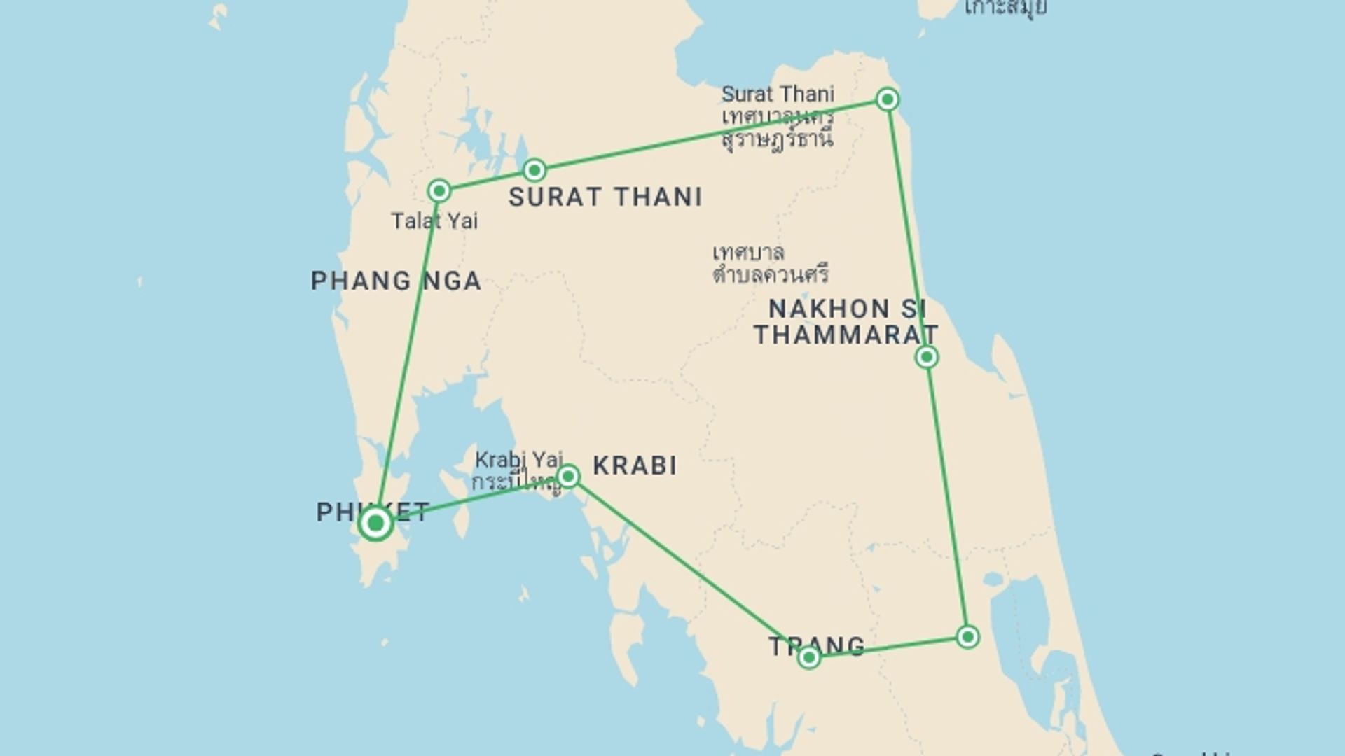 A map showing the tour itinerary for the trip: See 2 Oceans, Private Tour, starting in Phuket, Thailand and ending in Phuket, Thailand going through 2 other destinations.