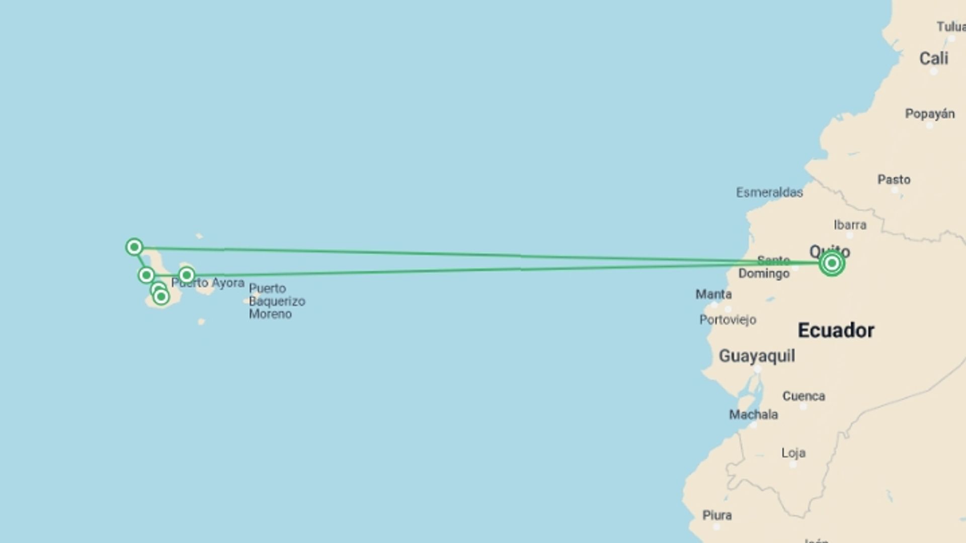 A map showing the tour itinerary for the trip: Galapagos - Central & West Islands aboard the Treasure, starting in Quito, Ecuador and ending in Quito, Ecuador going through 5 other destinations.