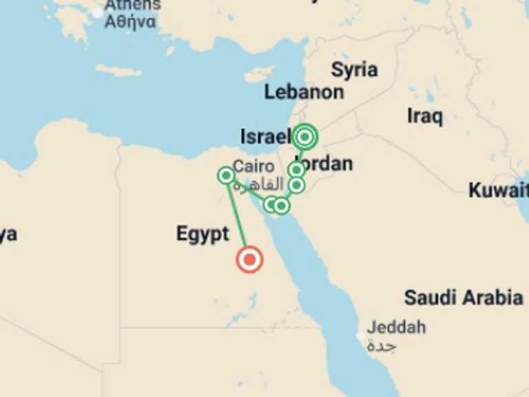 Map itinerary of Mediterranean Tour in March 2027 with 7 destination visits for the trip: Jordan and Egypt - Petra to the Pyramids