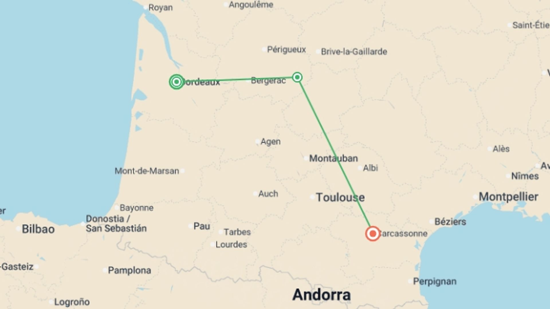A map showing the tour itinerary for the trip: A Taste of Southern France  - Bordeaux to Carcassonne, starting in Bordeaux, France and ending in Carcassonne, France going through 2 other destinations.