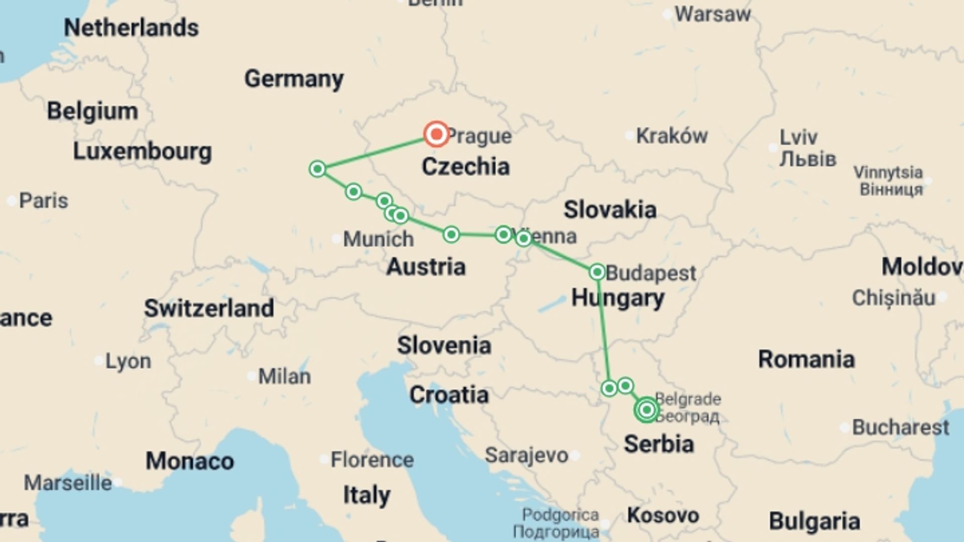 A map showing the tour itinerary for the trip: Danube Grandeur & Prague (2026), starting in Belgrade, Serbia and ending in Prague, Czech Republic going through 10 other destinations.