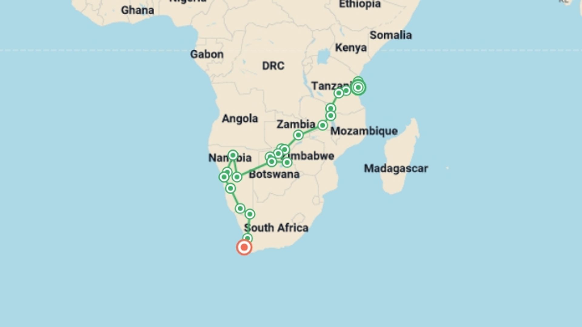 A map showing the tour itinerary for the trip: 34-day Zanzibar to Cape Town Camping, starting in Dar Es Salaam, Tanzania and ending in Cape Town, South Africa going through 22 other destinations.