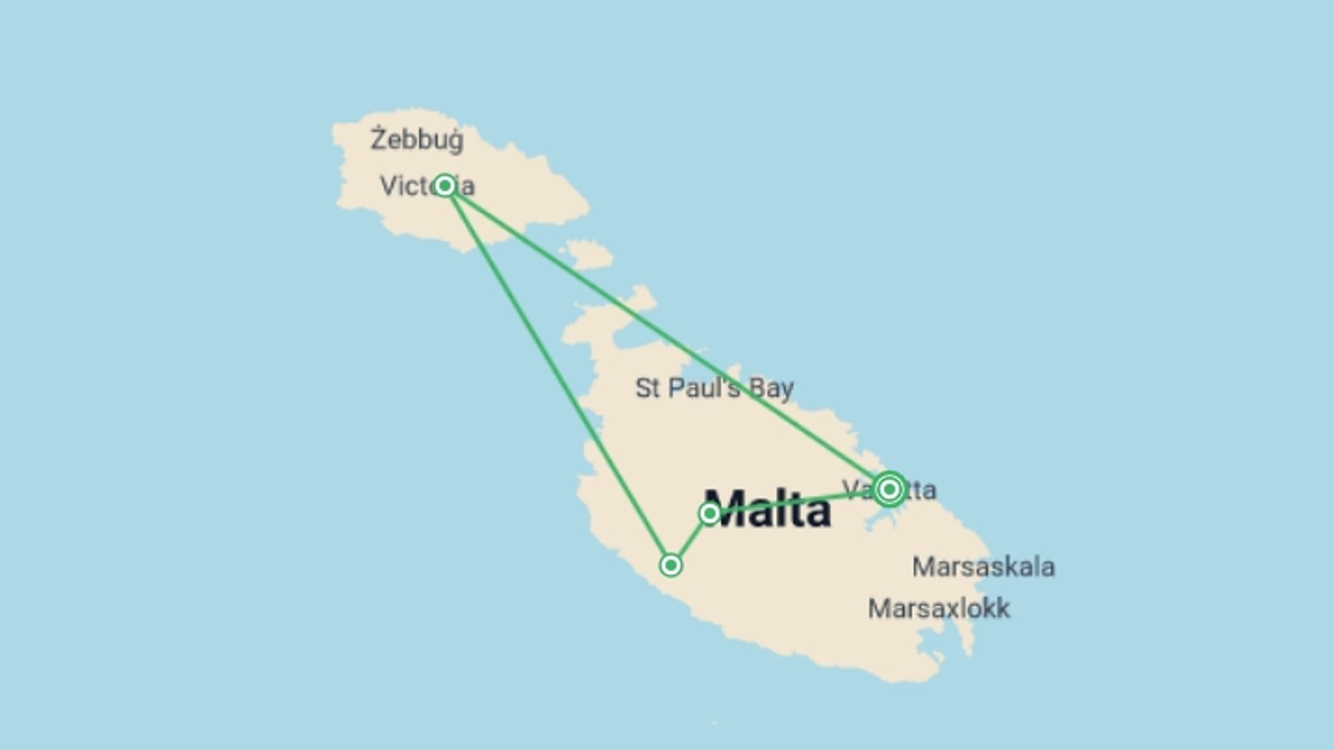 A map showing the tour itinerary for the trip: Discovery Malta 5-Day Private Tour, starting in Valletta, Malta and ending in Valletta, Malta going through 5 other destinations.