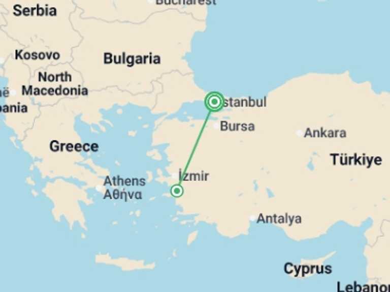 Map of Istanbul Sightseeing Tour with 2 destination visits for the trip: Istanbul and Ephesus