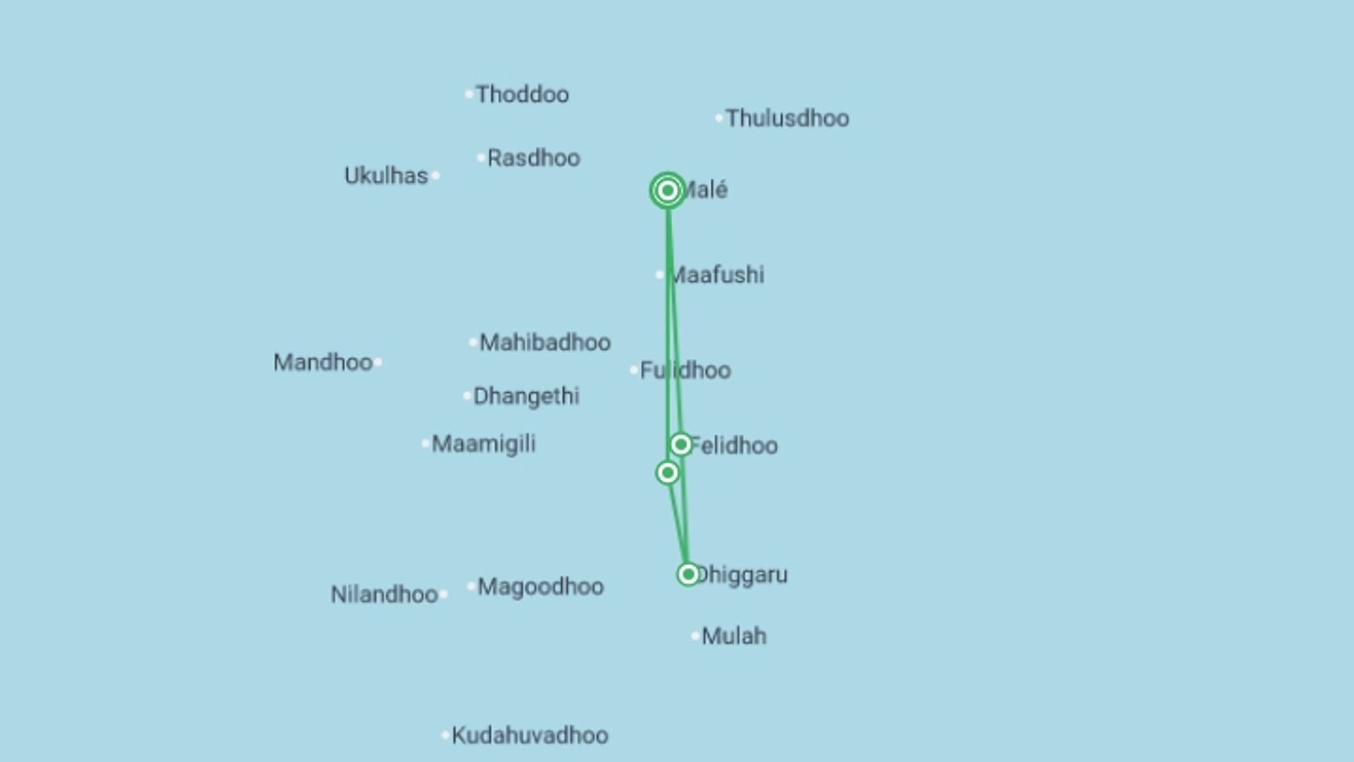 A map showing the tour itinerary for the trip: Maldive Dhoni Cruise, starting in Male, Maldives and ending in Male, Maldives going through 3 other destinations.