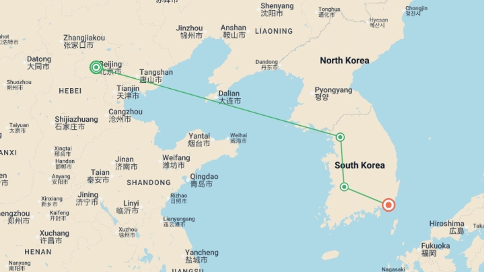 A map showing the tour itinerary for the trip: Beijing, Seoul, and Busan, starting in Beijing, China and ending in Busan, South Korea going through 2 other destinations.