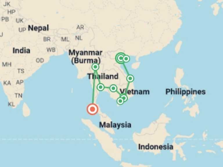 Map of a Cultural, religious and historic sites Tour with 7 destination visits for the trip: Highlights of Vietnam, Cambodia & Thailand: 20 Days 