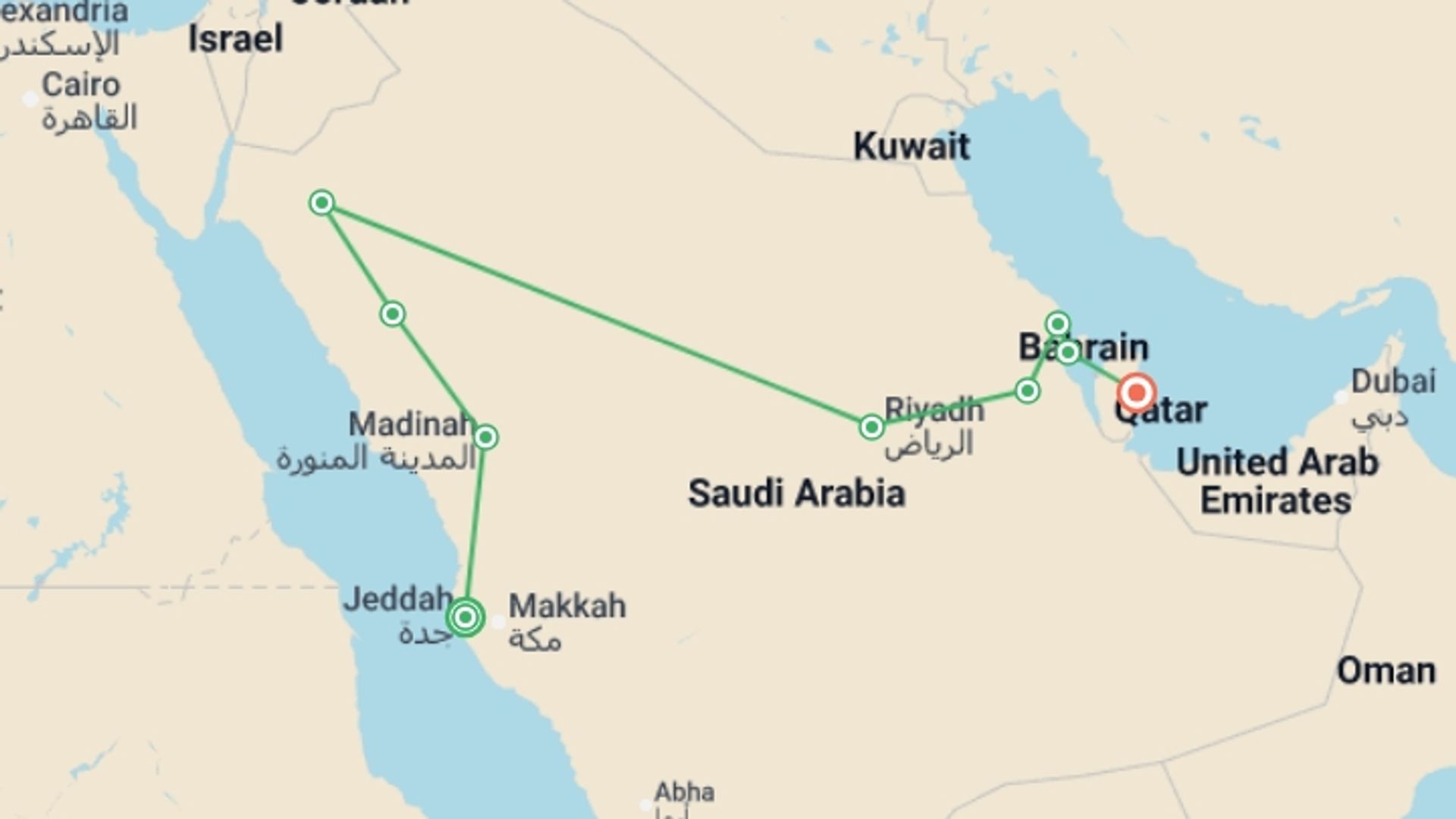 A map showing the tour itinerary for the trip: Mysteries of Arabia with Bahrain and Qatar, starting in Jeddah, Saudi Arabia and ending in Doha, Qatar going through 7 other destinations.