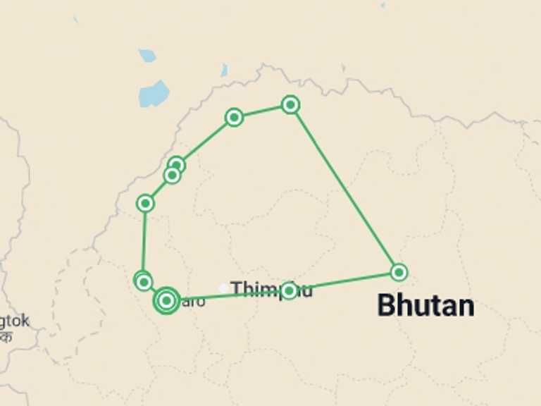 Map of Bhutan Tour with 10 destination visits for the trip: Bhutan Snowman Trek with Greg Mortimer