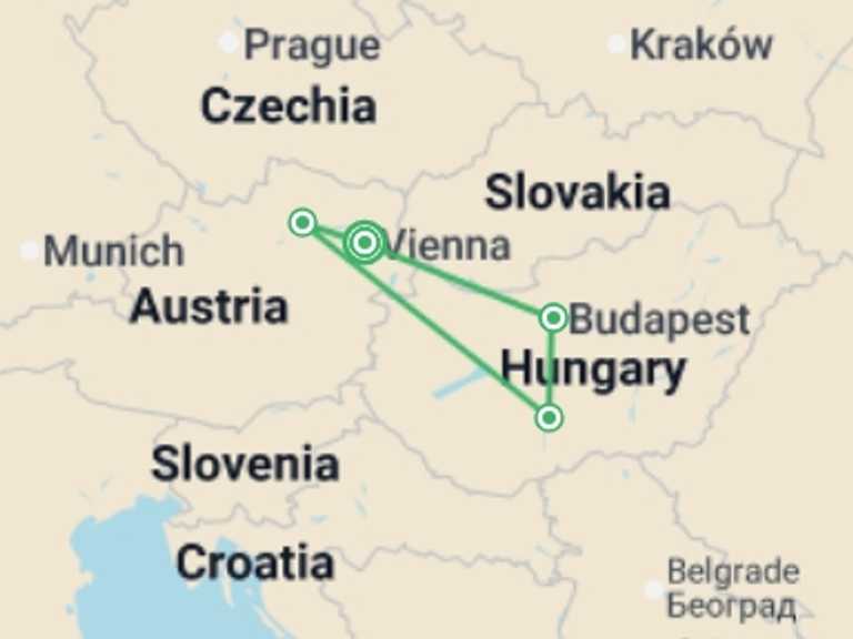 Map itinerary of Europe Tour in July 2026 with 4 destination visits for the trip: The beautiful blue Danube (port-to-port cruise)