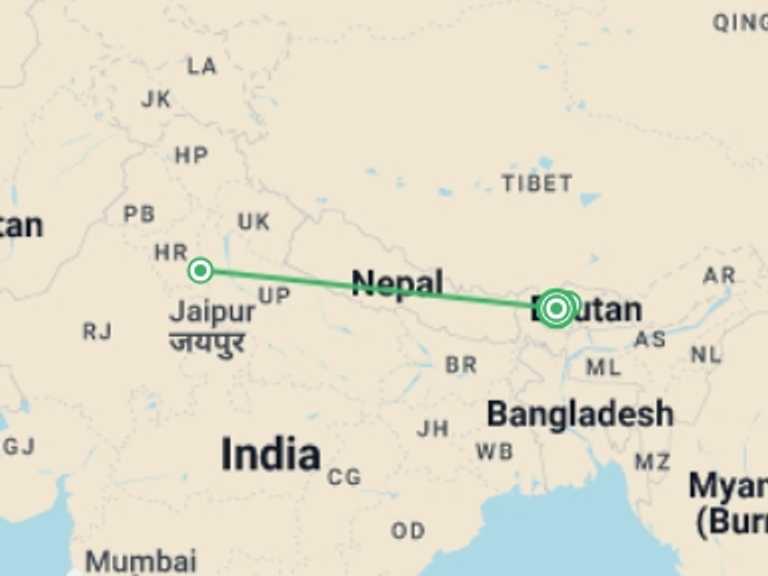 Map of Asia Tour with 4 destination visits for the trip: The Best Of Bhutan, French-speaking Guide, Private Tour