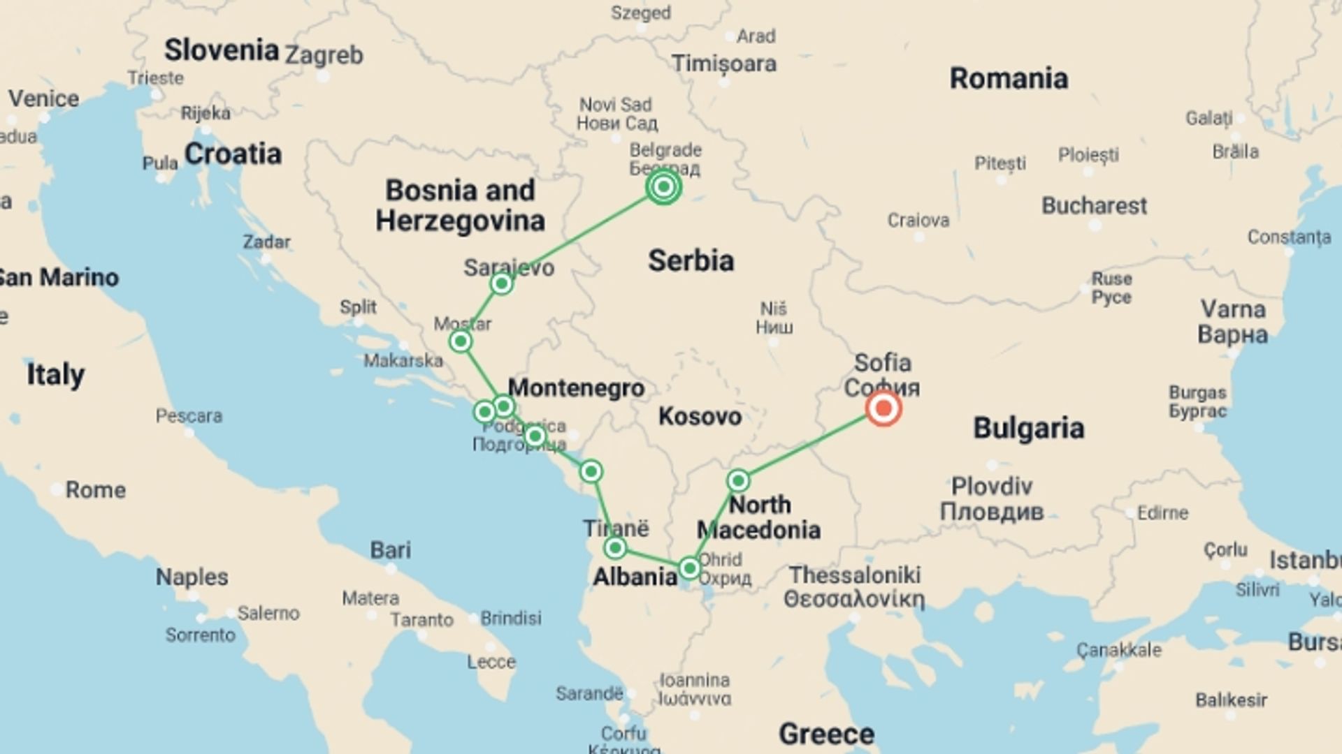 A map showing the tour itinerary for the trip: Best of Balkans from Belgrade(4 Star Hotels), starting in Belgrade, Serbia and ending in Sofia, Bulgaria going through 5 other destinations.