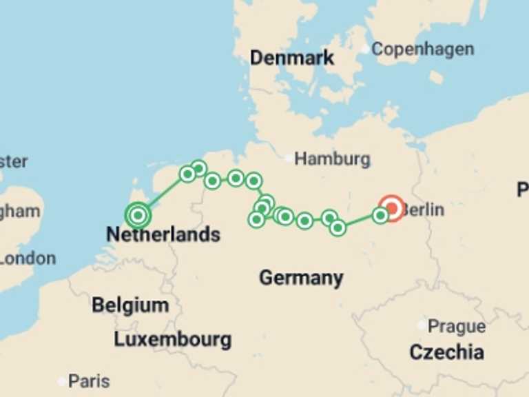 Map of Europe Tour with 9 destination visits for the trip: From Amsterdam to Berlin (port-to-port cruise)