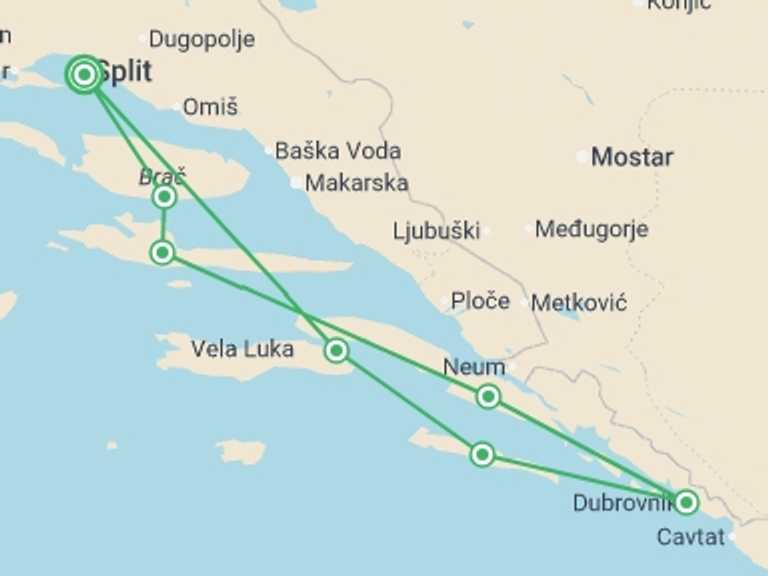 Map of Split Cruise Tour with 7 destination visits for the trip: Creme de la Croatia Deluxe - 8 days