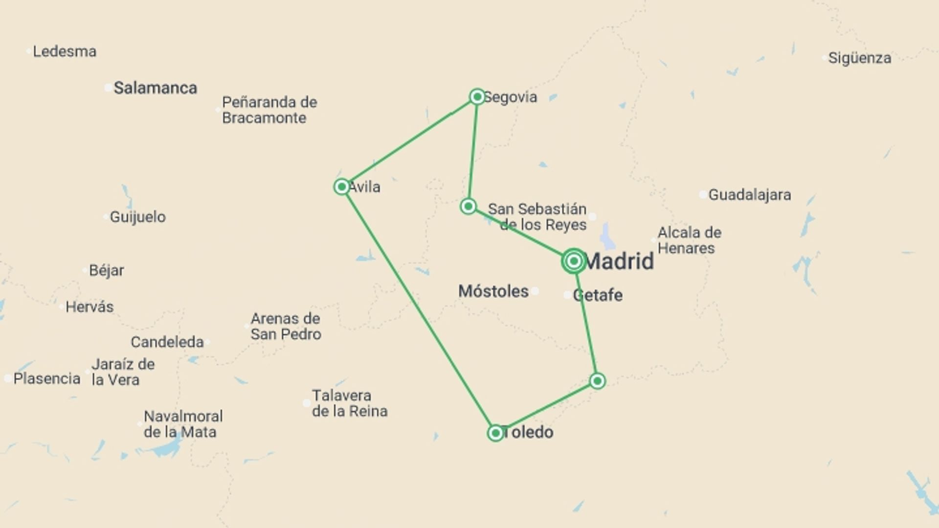 A map showing the tour itinerary for the trip: Undiscovered Castilla, Self-drive, starting in Madrid, Spain and ending in Madrid, Spain going through 1 other destinations.