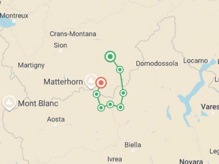 Map itinerary of Switzerland Tour in September 2026 with 8 destination visits for the trip: Tour de Monte Rosa Guided Hike