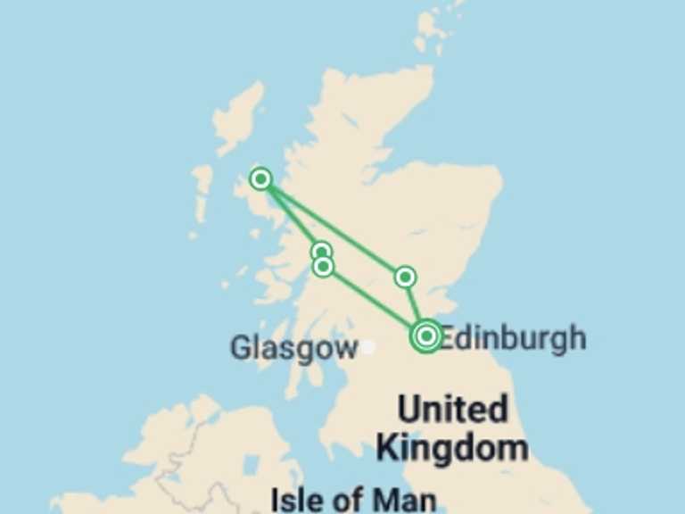 Map of Scotland Tour with 3 destination visits for the trip: Edinburgh to the Isle of Skye - 4 days