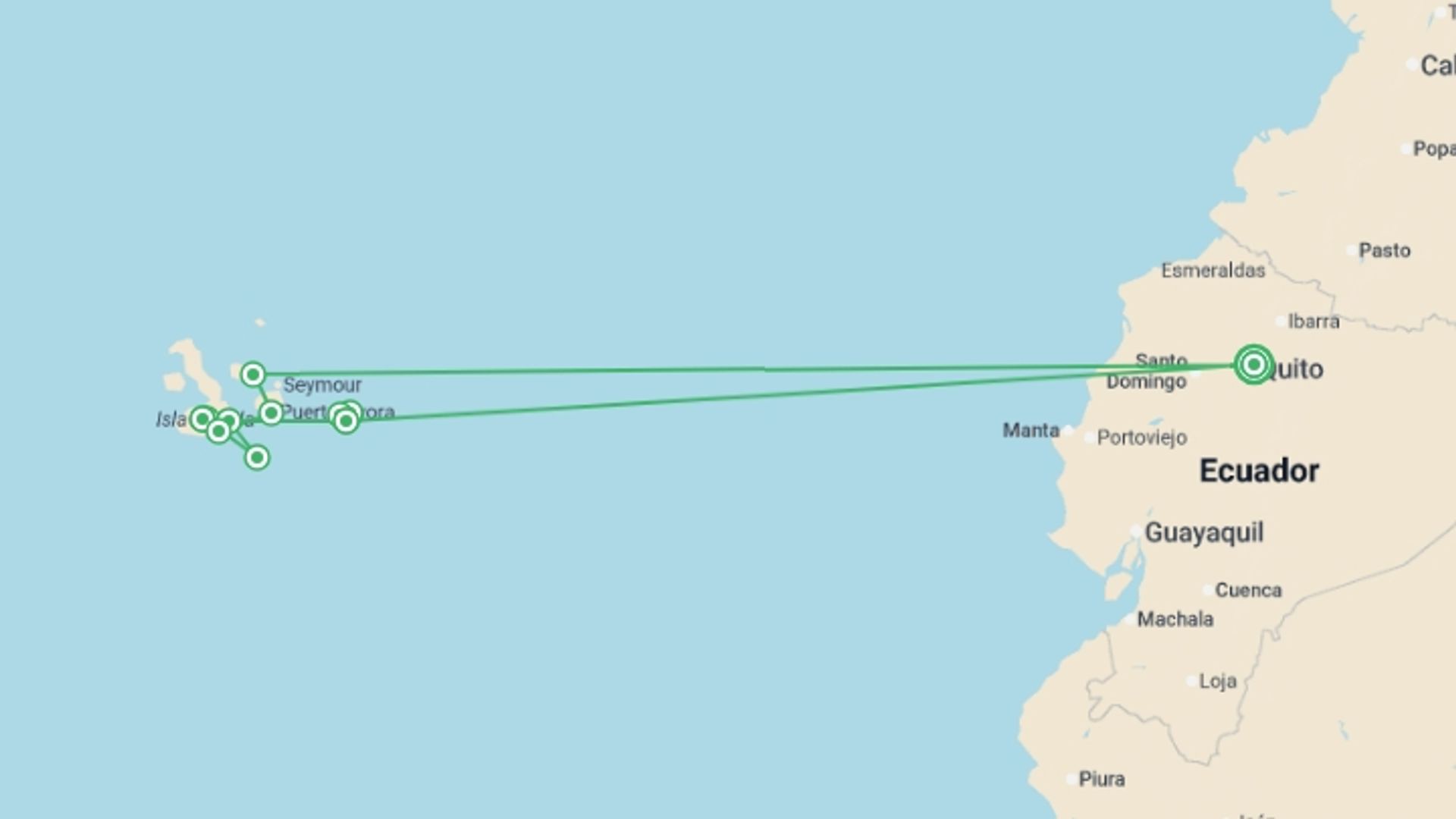 A map showing the tour itinerary for the trip: Galapagos Walking Adventure, starting in Quito, Ecuador and ending in Quito, Ecuador going through 9 other destinations.