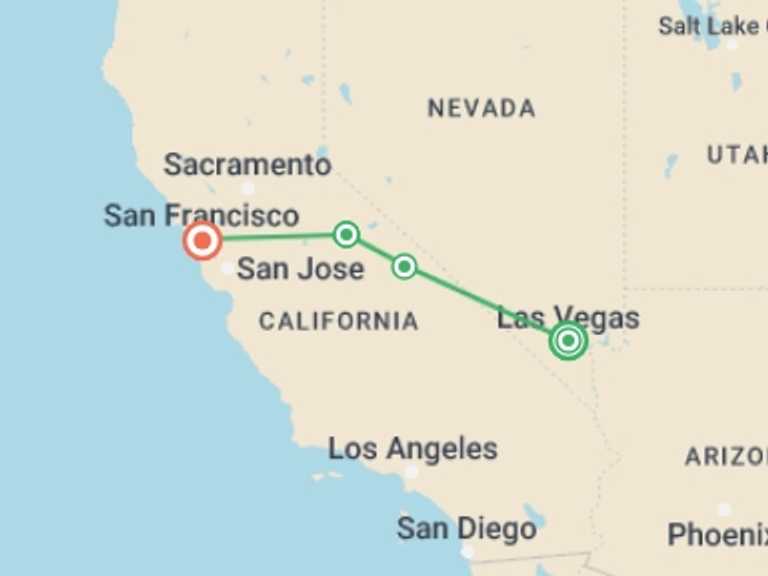 Map of San Francisco Natural landmarks sightseeing Tour with 4 destination visits for the trip: Vegas to San Fran