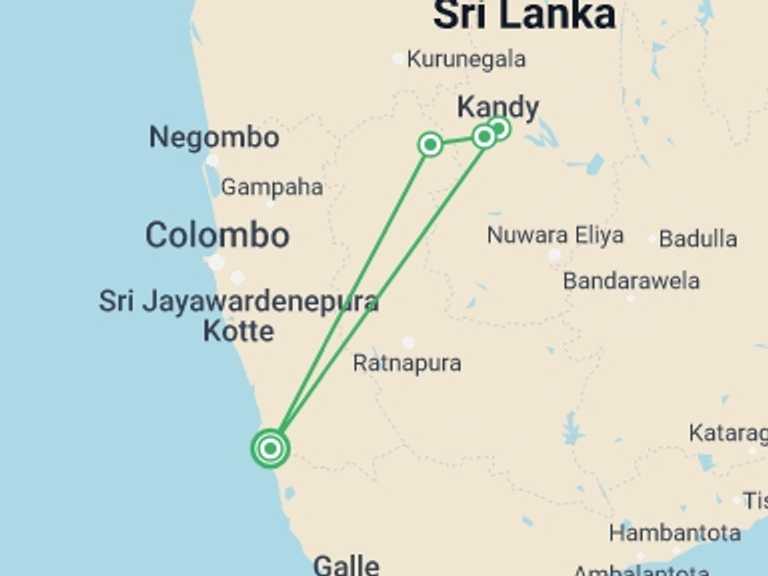 Map of Sri Lanka Tour with 2 destination visits for the trip: Kandy 2 Days, Private Tour