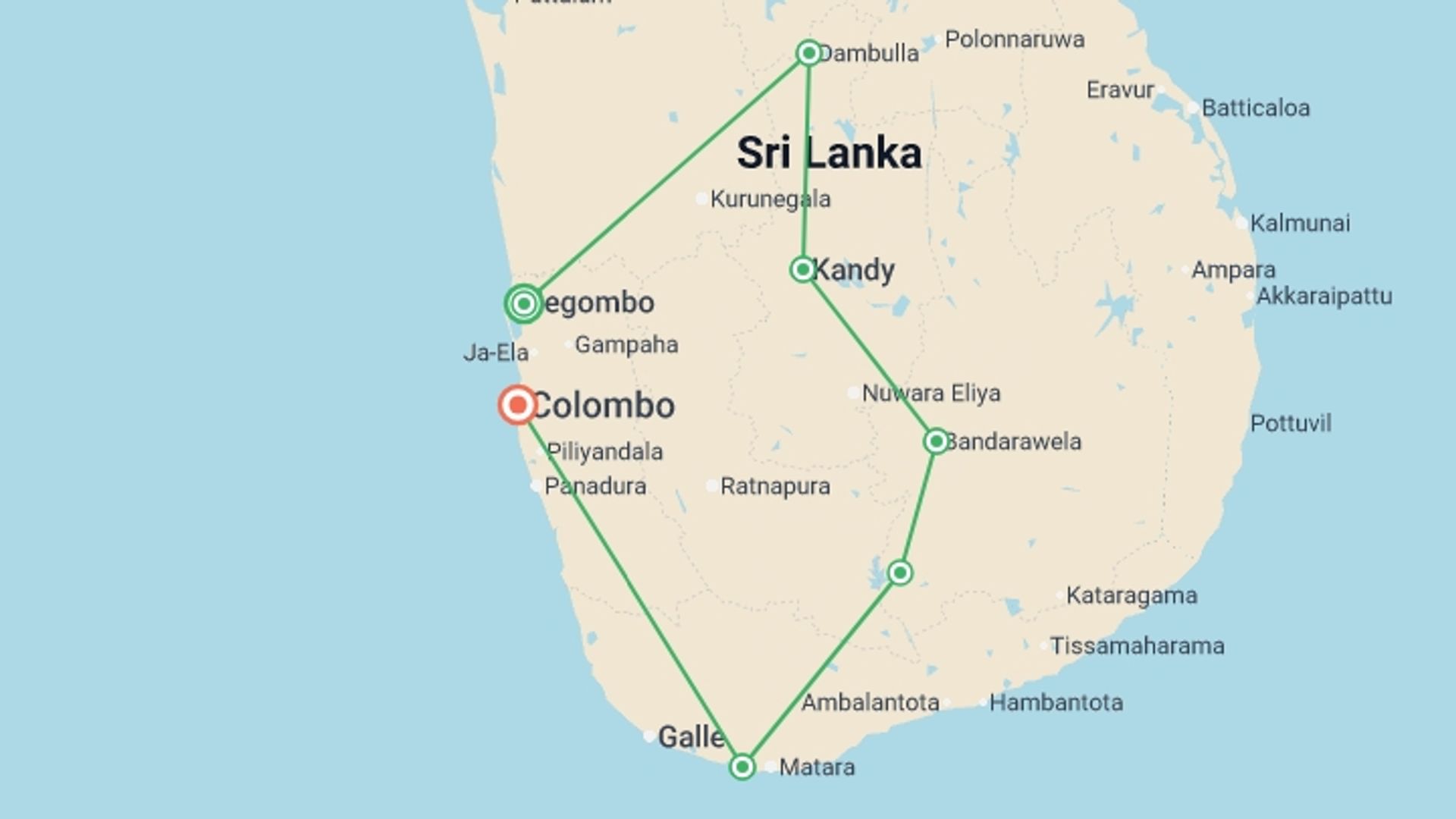 A map showing the tour itinerary for the trip: Sri Lanka Real Food Adventure, starting in Negombo, Sri Lanka and ending in Colombo, Sri Lanka going through 5 other destinations.