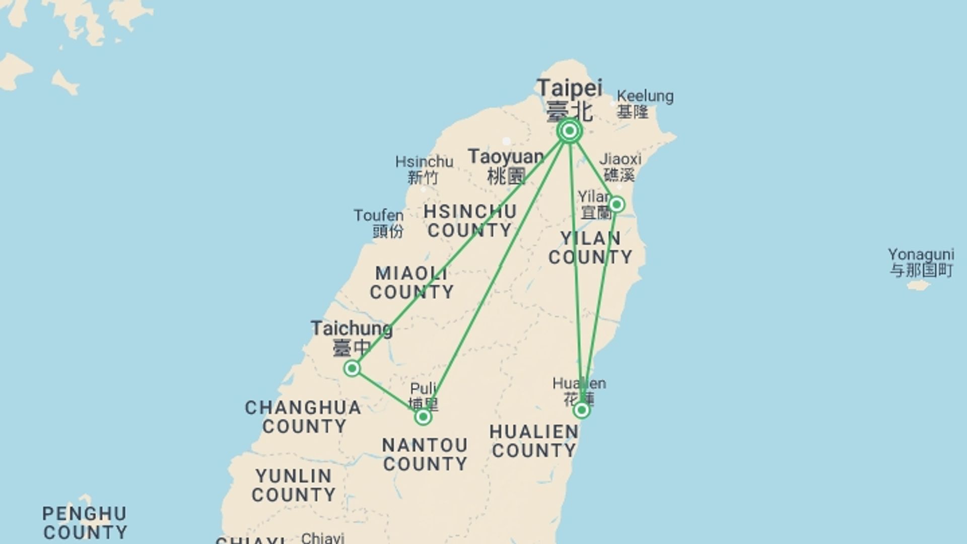 A map showing the tour itinerary for the trip: Explore Taiwan, starting in Taipei, Taiwan and ending in Taipei, Taiwan going through 4 other destinations.