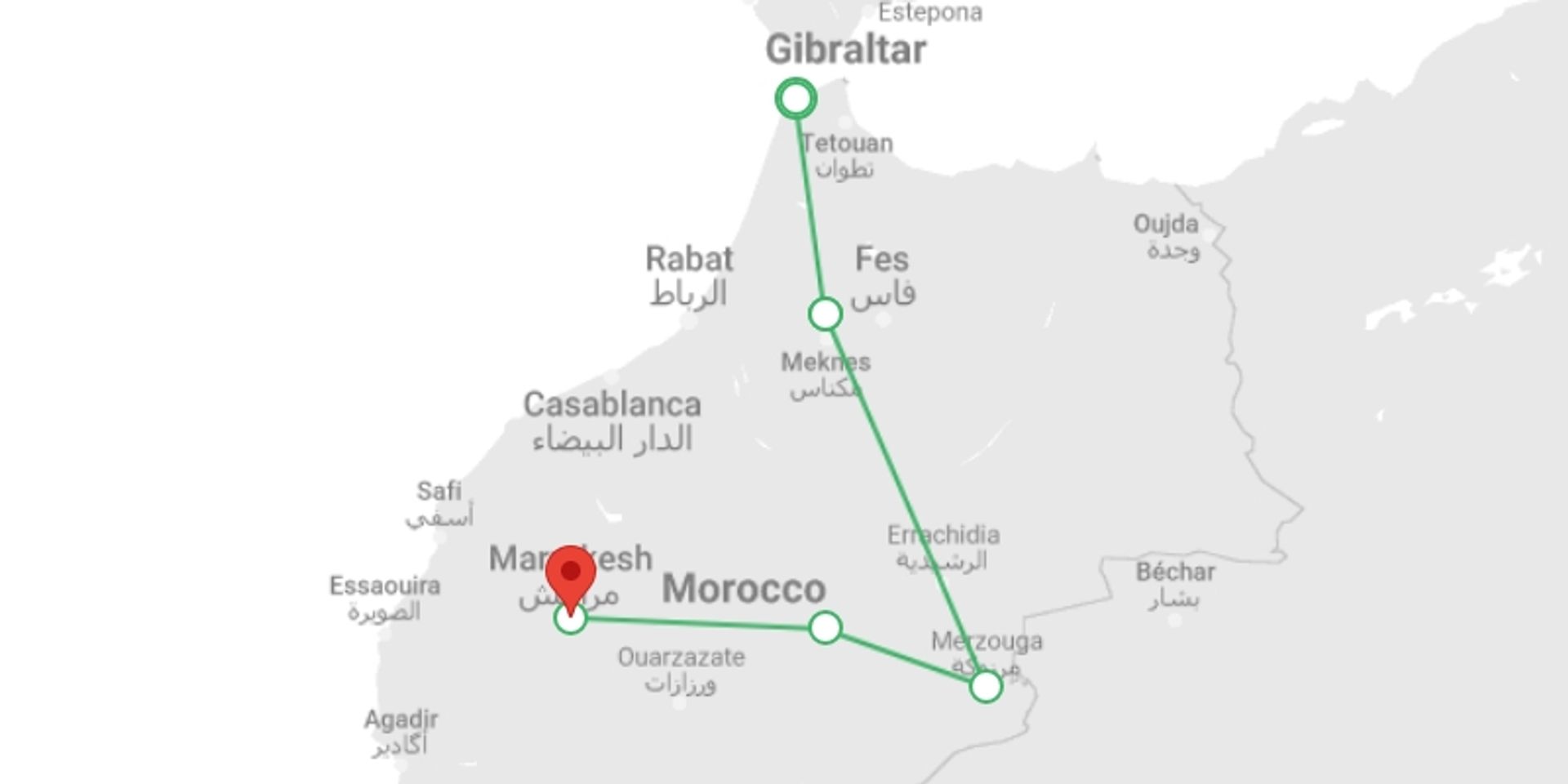 A map showing the tour itinerary for the trip: Moroccan Cities: Tangier to Marrakech (6 Days), starting in Tangier, Morocco and ending in Marrakech, Morocco going through 7 other destinations.