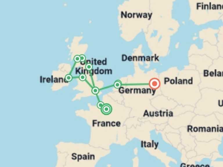Map itinerary of London Tour in September 2025 with 11 destination visits for the trip: Atlantic Ring and Berlin