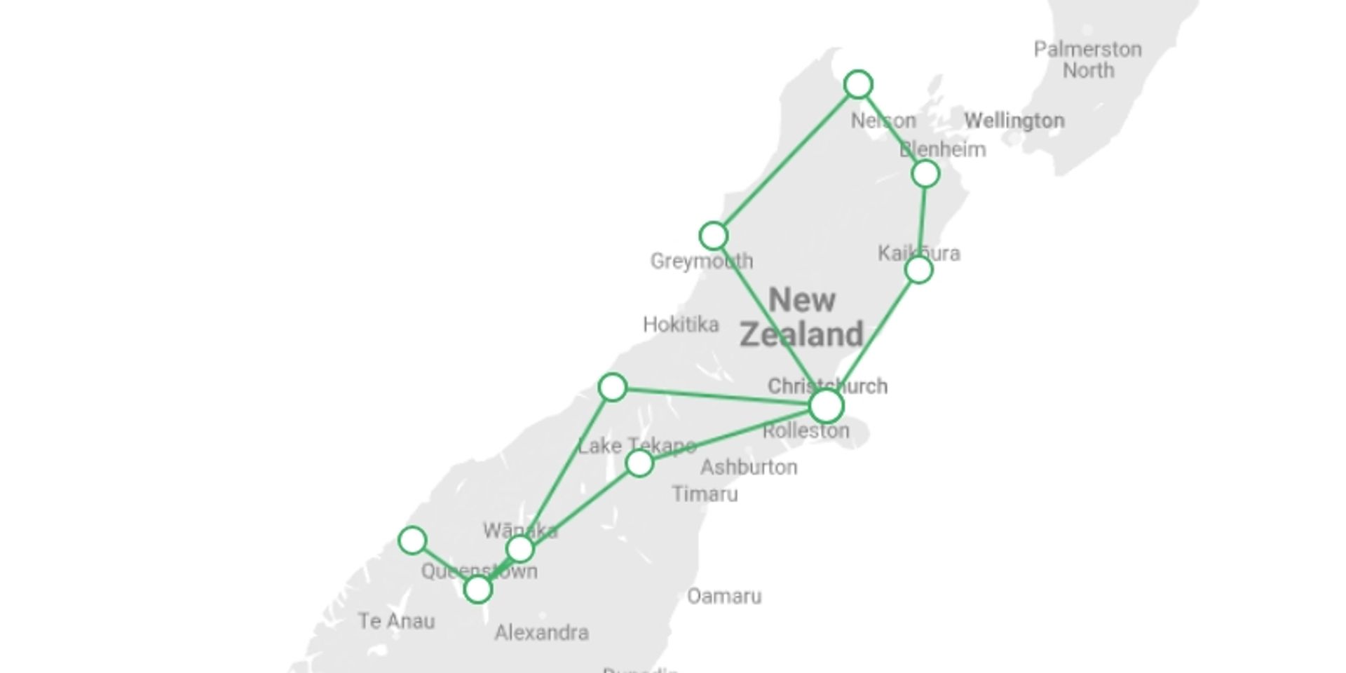 A map showing the tour itinerary for the trip: Budget South Island Explorer - 14 days, starting in Christchurch, New Zealand and ending in Christchurch, New Zealand going through 5 other destinations.