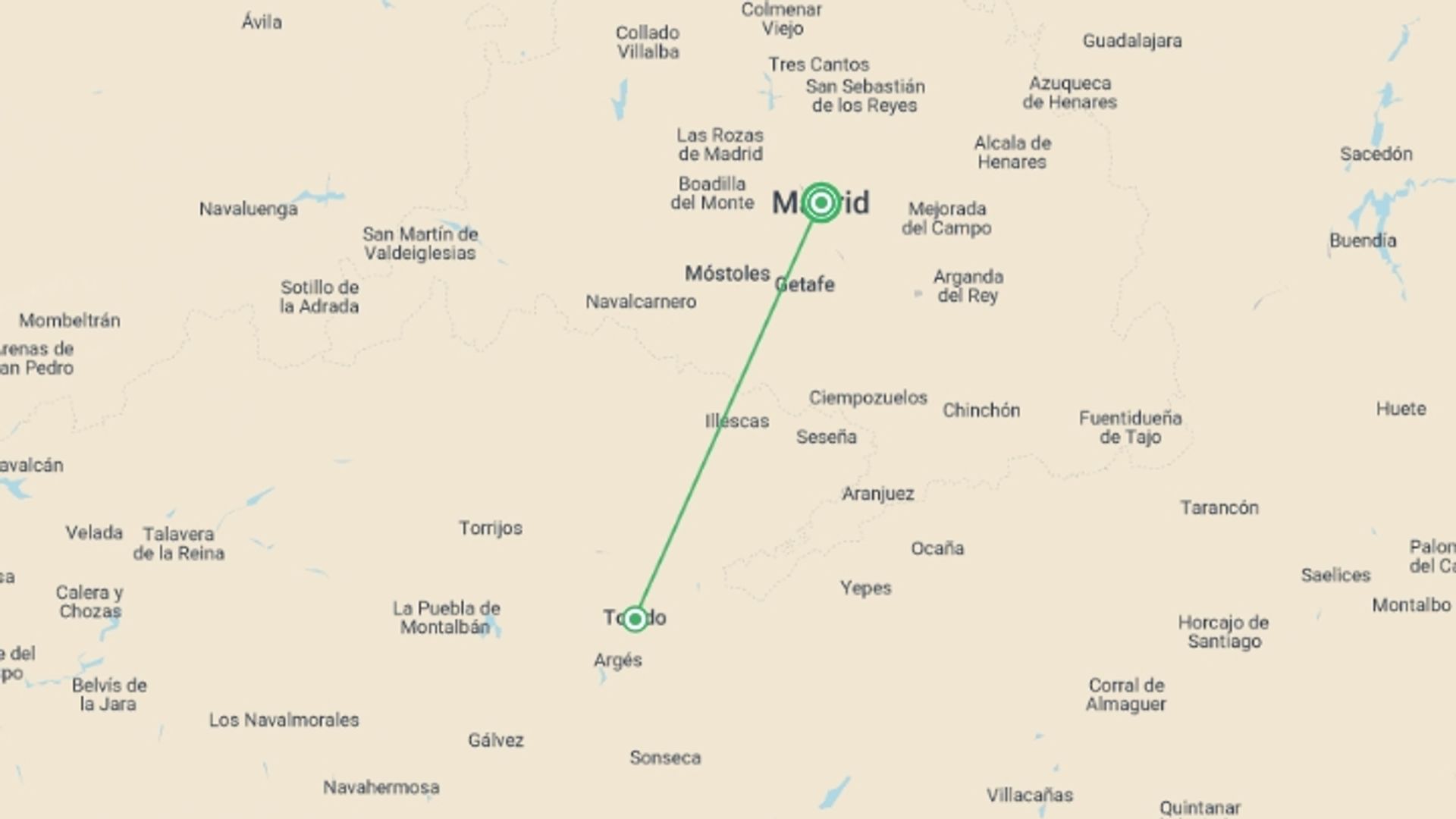 A map showing the tour itinerary for the trip: Madrid: Cultural Experience With Toledo Half-day Tour, City Break, starting in Madrid, Spain and ending in Madrid, Spain going through 0 other destinations.