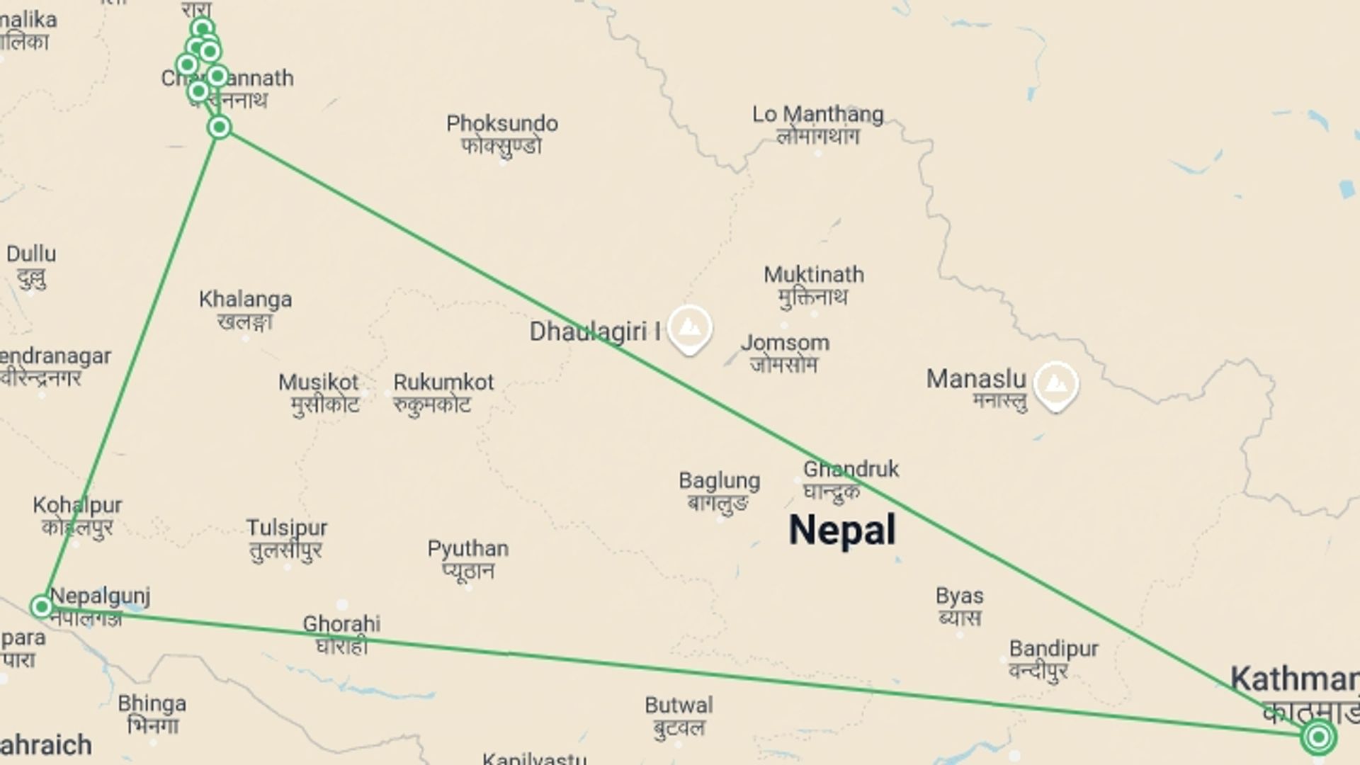 A map showing the tour itinerary for the trip: Rara Lake Trek  , starting in Kathmandu, Nepal and ending in Kathmandu, Nepal going through 11 other destinations.