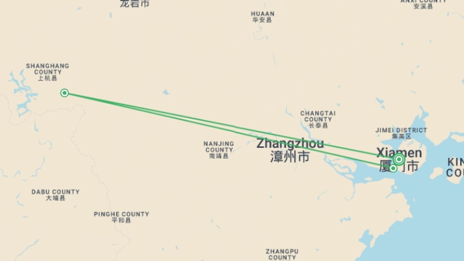 A map showing the tour itinerary for the trip: Xiamen City Break (Superior) - 4 days, starting in Xiamen, China and ending in Xiamen, China going through 2 other destinations.