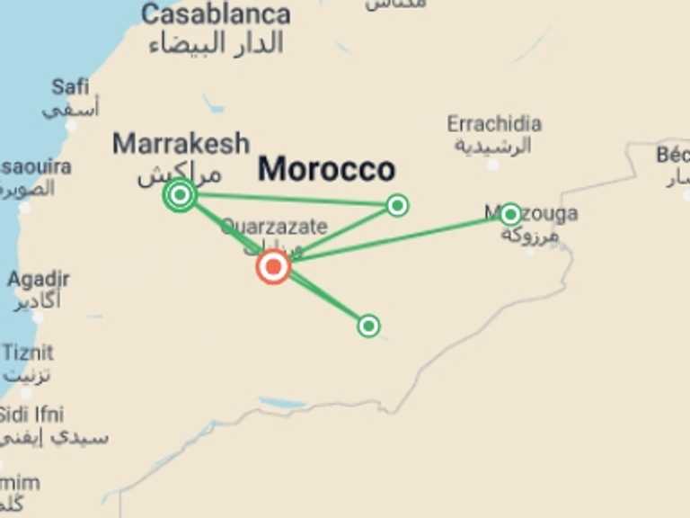 Map of 7-Day Marrakech Tour with 4 destination visits for the trip: Magical Moroccan South and Kasbahs
