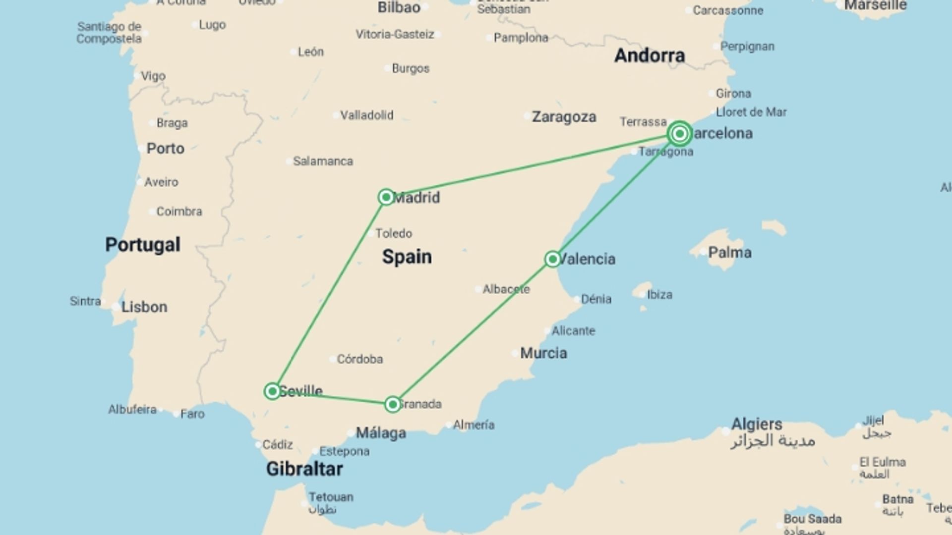 A map showing the tour itinerary for the trip: Barcelona, Andalucia & Valencia - 6 days, starting in Barcelona, Spain and ending in Barcelona, Spain going through 4 other destinations.