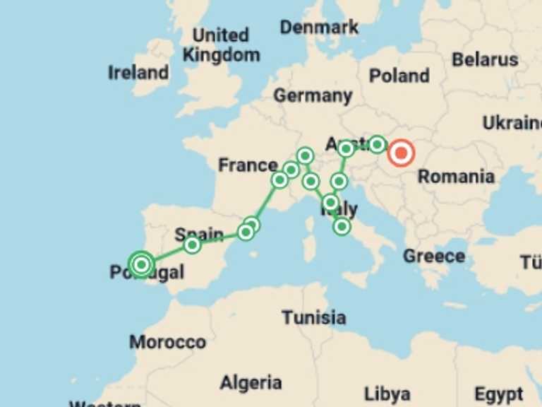 Map of Milan Art and architecture Tour with 14 destination visits for the trip: Europe from West to East end Budapest