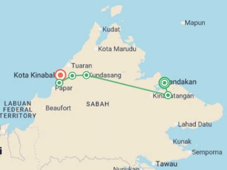 Map itinerary of Asia Tour in August 2027 with 6 destination visits for the trip: Real Borneo
