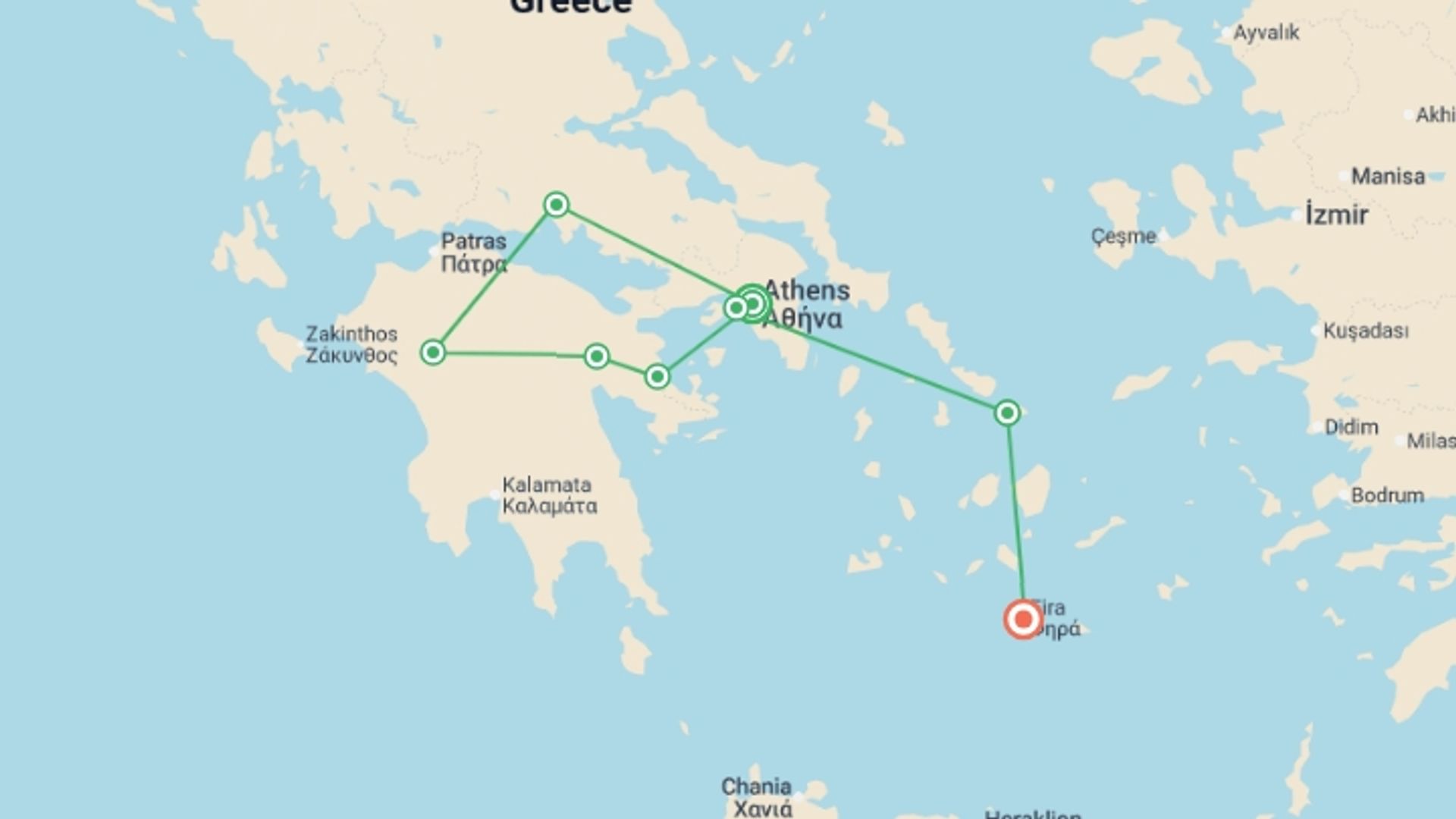 A map showing the tour itinerary for the trip: Gems of Greece with Mykonos & Santorini - 10 days, starting in Athens, Greece and ending in Santorini, Greece going through 3 other destinations.