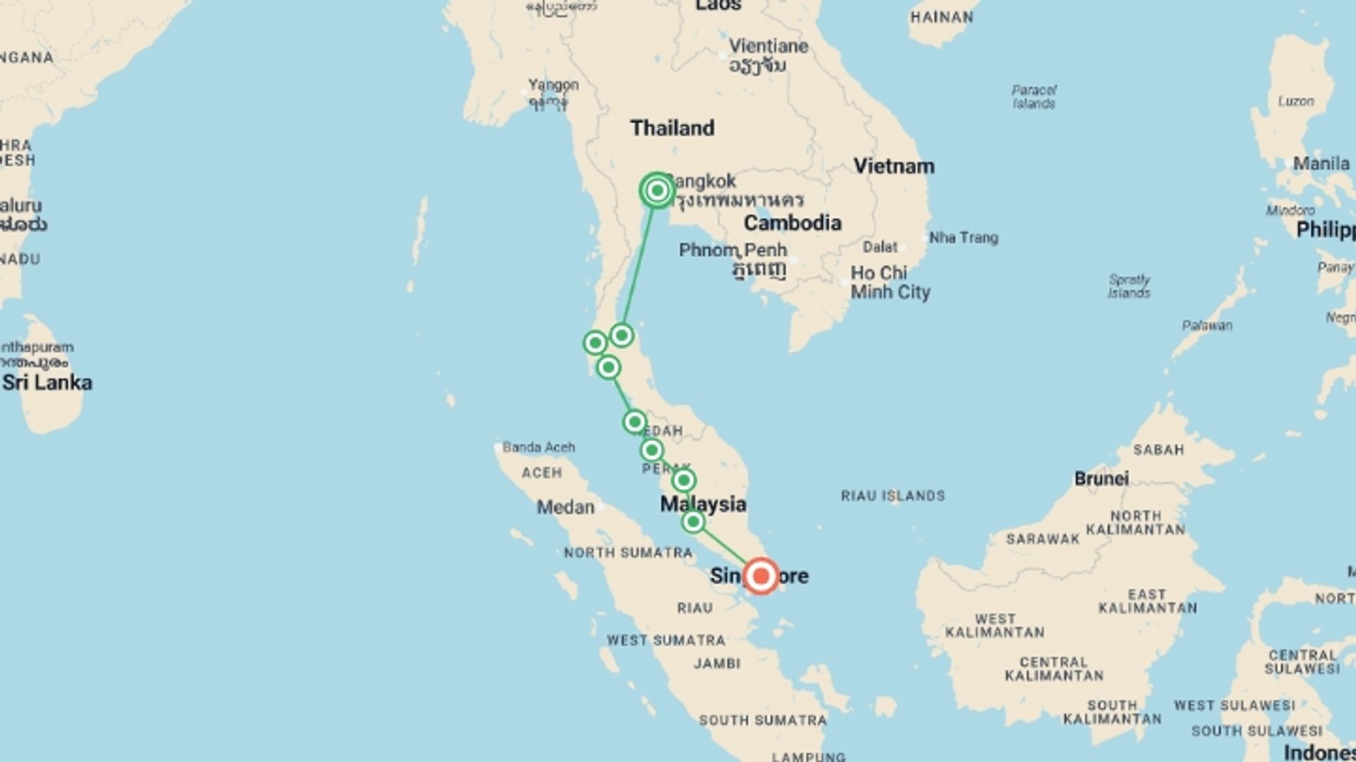 A map showing the tour itinerary for the trip: Bangkok to Singapore Adventure, starting in Bangkok, Thailand and ending in Singapore, Singapore going through 7 other destinations.