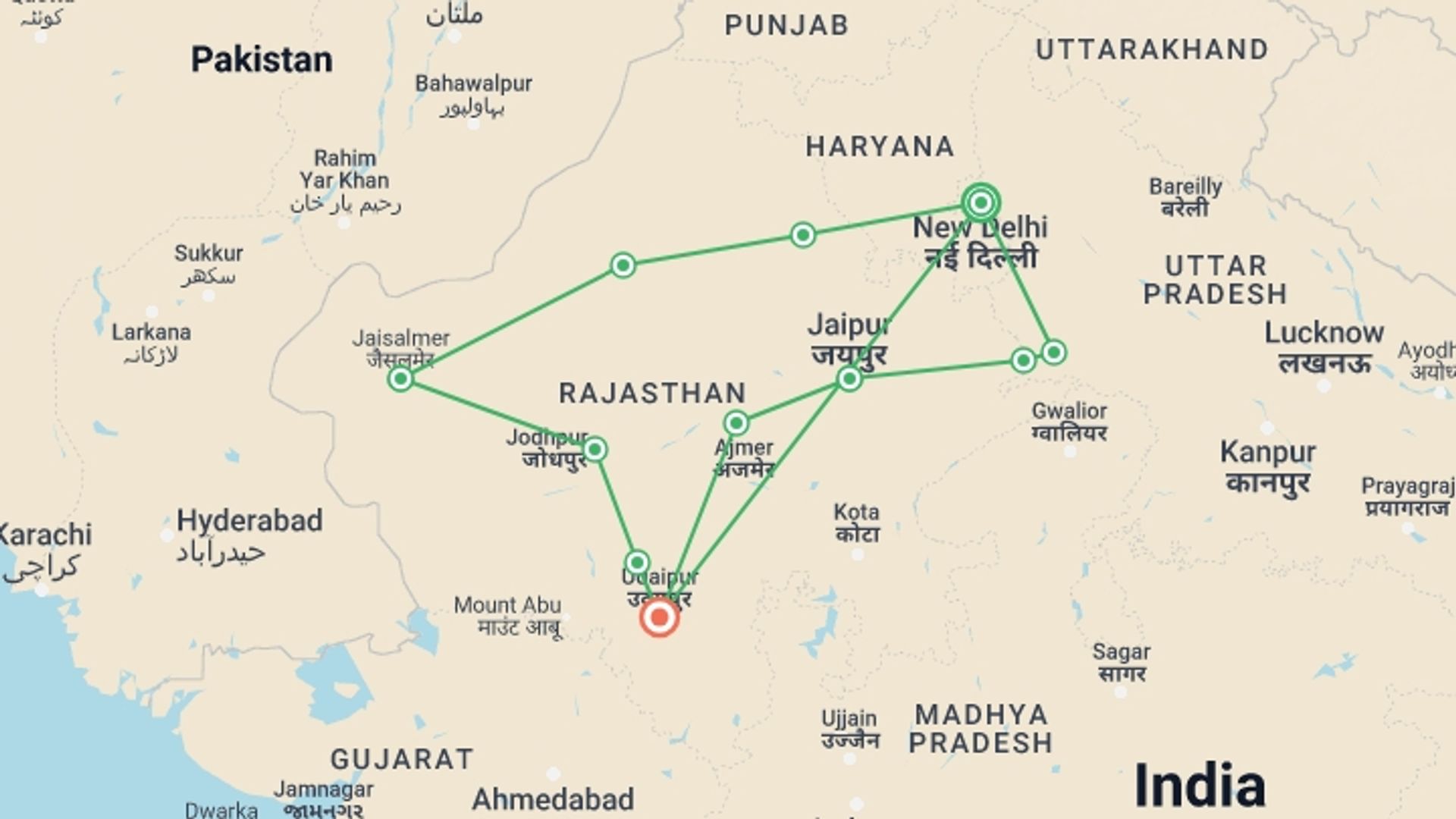 A map showing the tour itinerary for the trip: A Discovery of India Premium Small Group Tour, starting in New Delhi, India and ending in Rajasthan, India going through 8 other destinations.